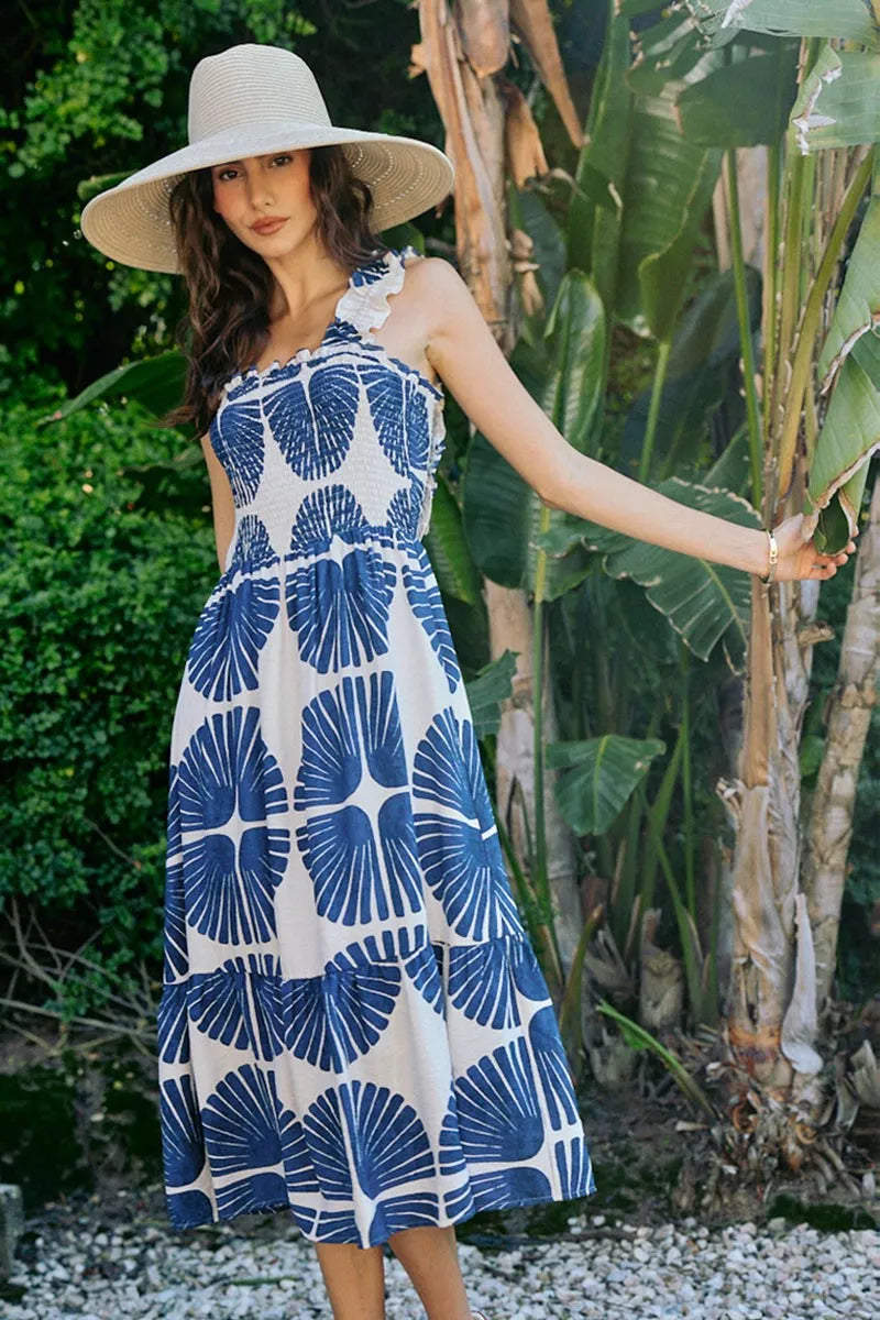 Abstract Print Smocked Bodice Tiered Lined Midi Dress