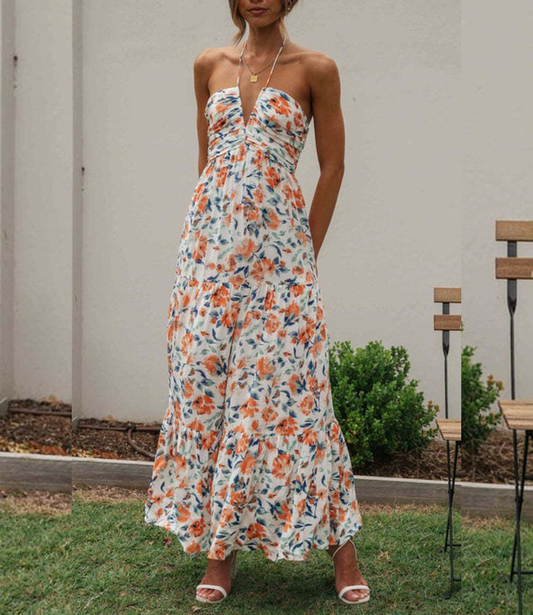 Chiffon V Neck Floral Maxi Dress - Orange
