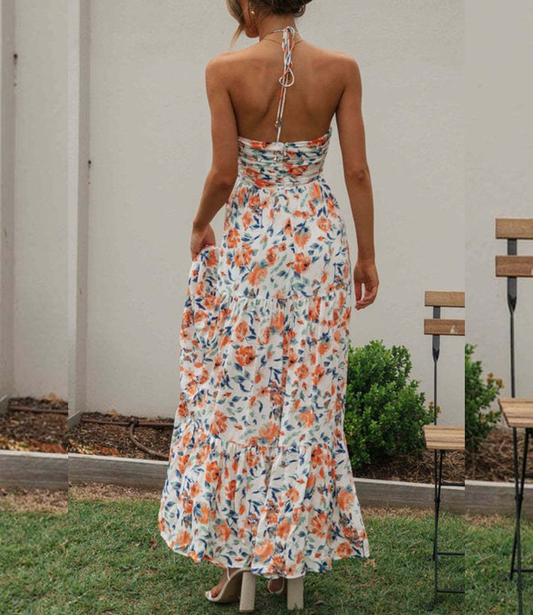 Chiffon V Neck Floral Maxi Dress - Orange