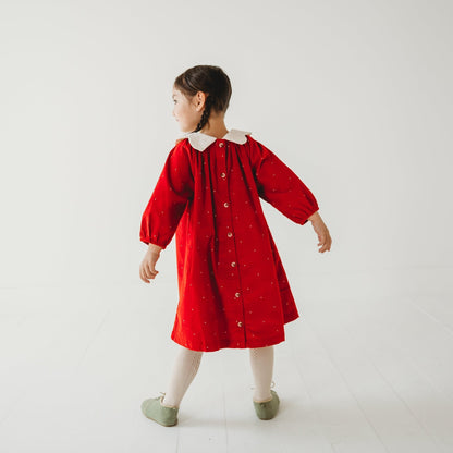 LARILI Christmas Carol Red Corduroy Dress with Scalloped Embroidery