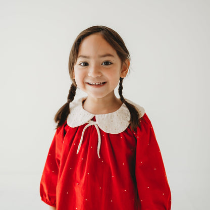 LARILI Christmas Carol Red Corduroy Dress with Scalloped Embroidery