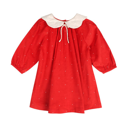 LARILI Christmas Carol Red Corduroy Dress with Scalloped Embroidery
