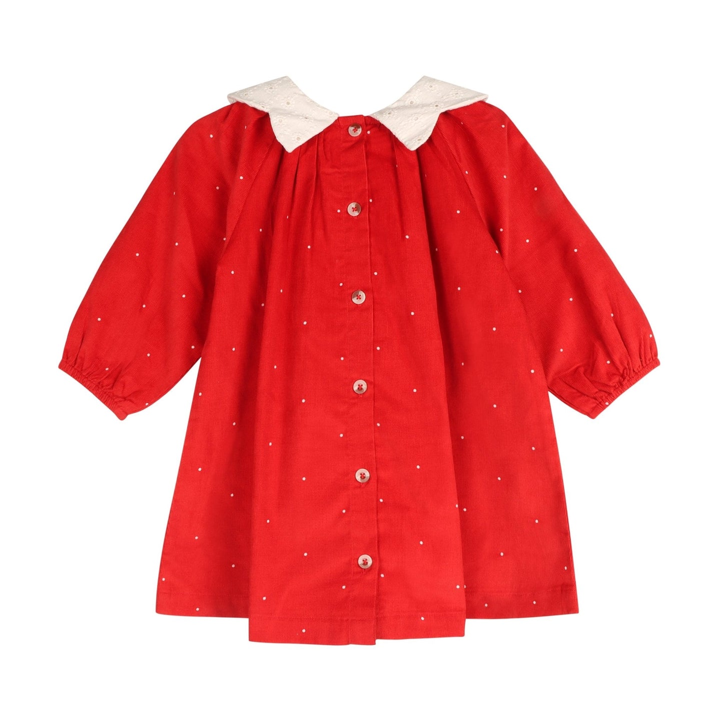LARILI Christmas Carol Red Corduroy Dress with Scalloped Embroidery