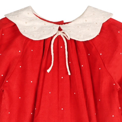 LARILI Christmas Carol Red Corduroy Dress with Scalloped Embroidery