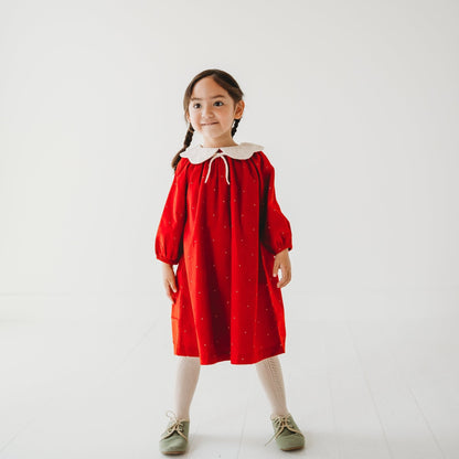 LARILI Christmas Carol Red Corduroy Dress with Scalloped Embroidery