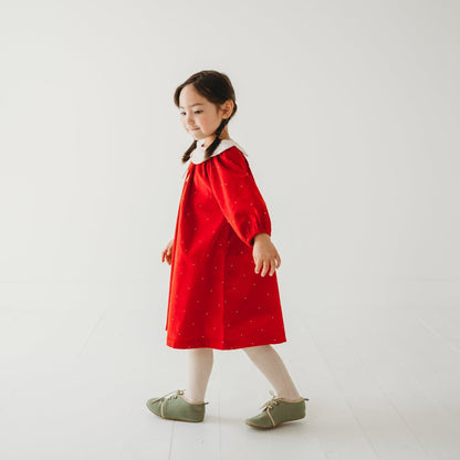 LARILI Christmas Carol Red Corduroy Dress with Scalloped Embroidery