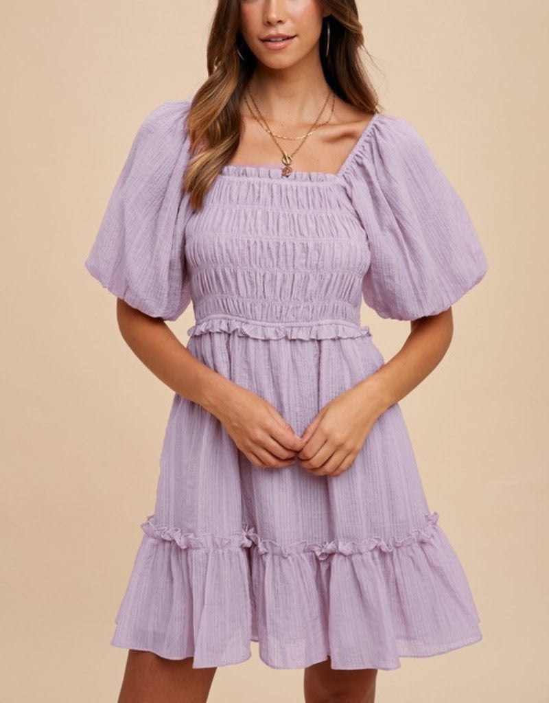 Smocking Bodice Elastic Tiered Mini Dress - Lilac