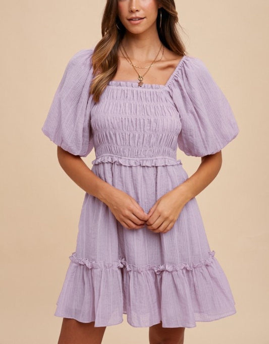 Smocking Bodice Elastic Tiered Mini Dress - Lilac