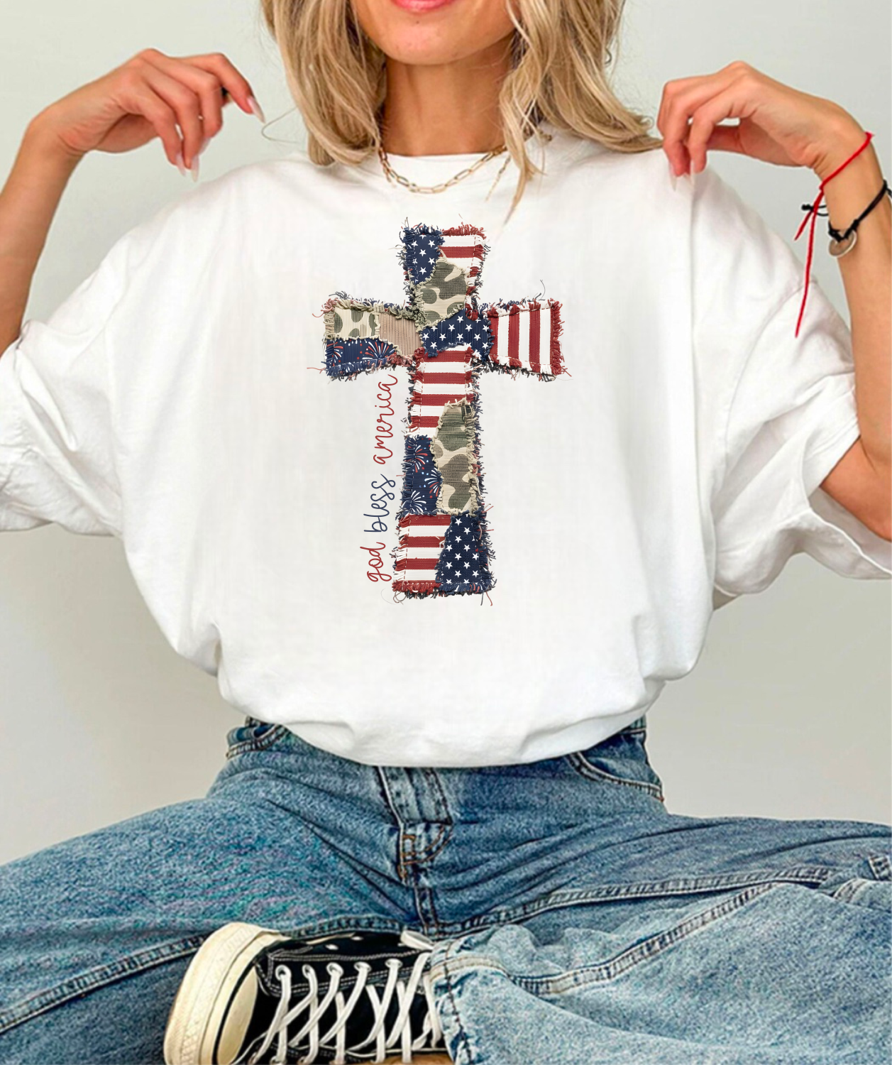 God Bless America Cross Patchwork Bella Canvas Graphic Tee