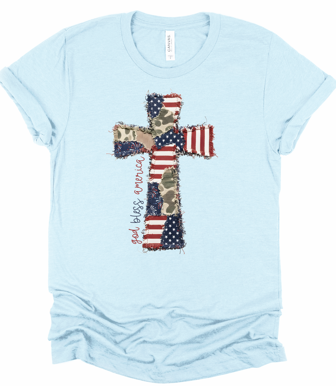 God Bless America Cross Patchwork Bella Canvas Graphic Tee
