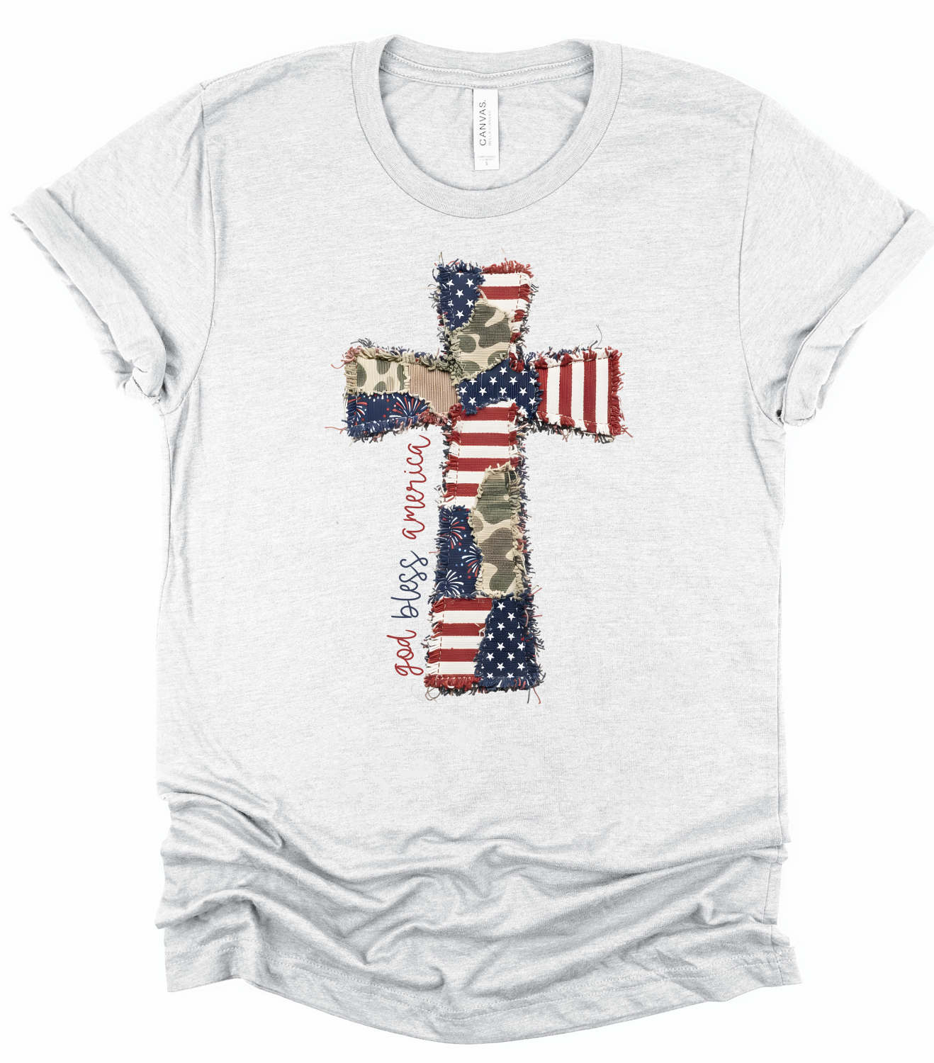 God Bless America Cross Patchwork Bella Canvas Graphic Tee