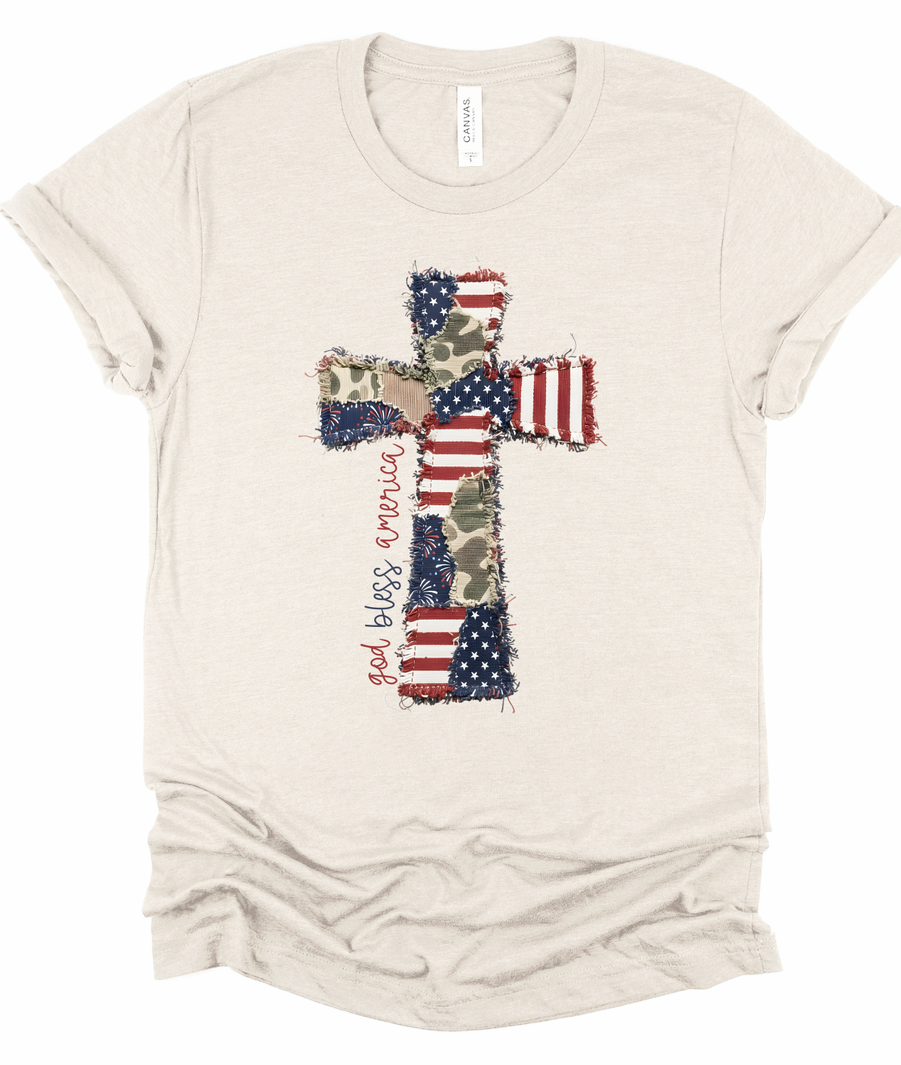 God Bless America Cross Patchwork Bella Canvas Graphic Tee