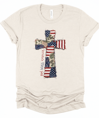 God Bless America Cross Patchwork Bella Canvas Graphic Tee