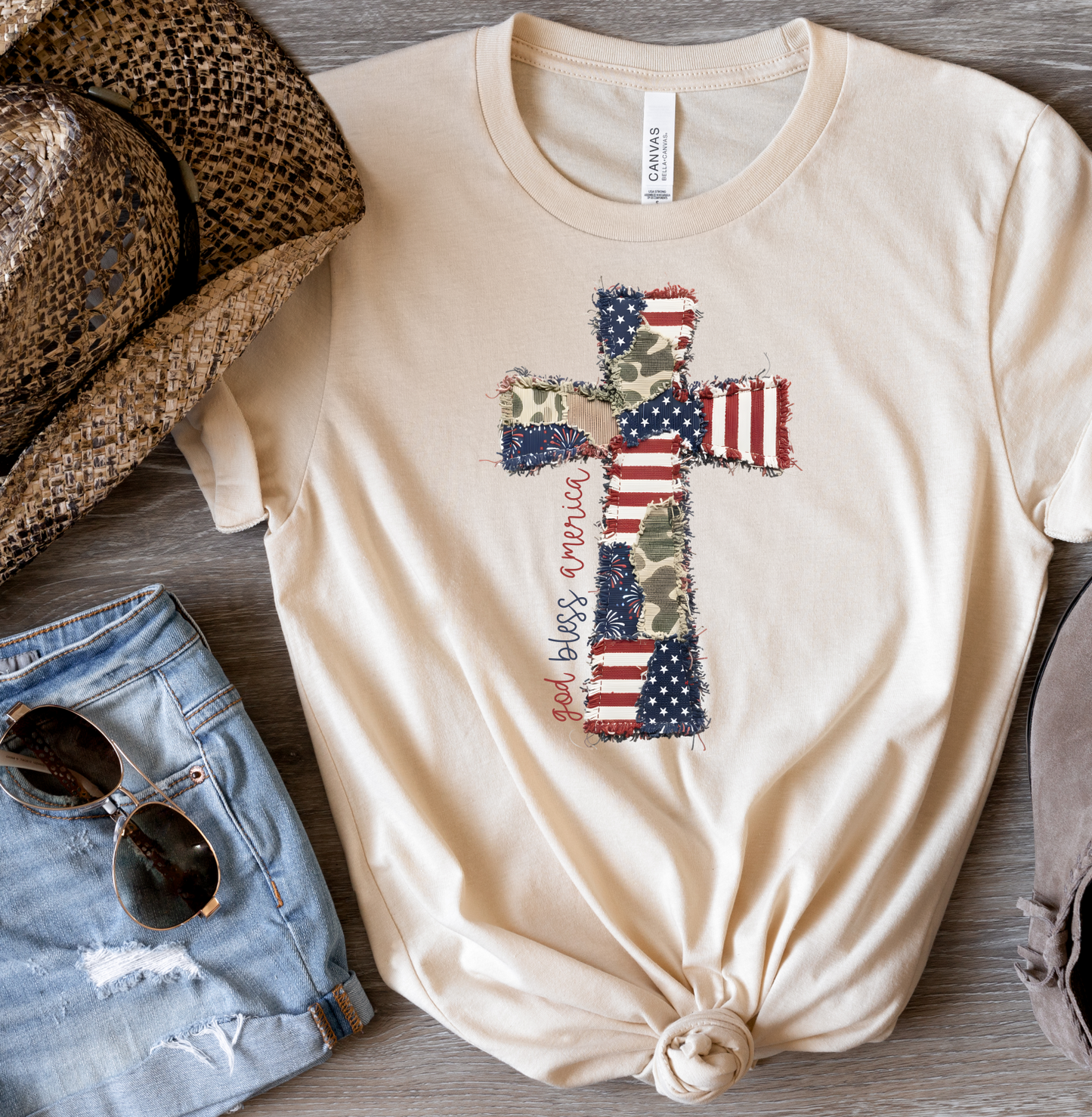 God Bless America Cross Patchwork Bella Canvas Graphic Tee