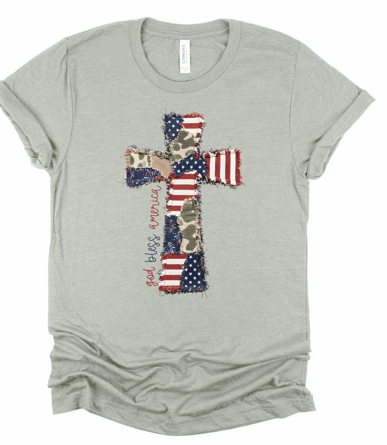 God Bless America Cross Patchwork Bella Canvas Graphic Tee