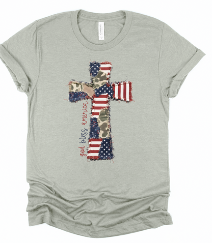 God Bless America Cross Patchwork Bella Canvas Graphic Tee
