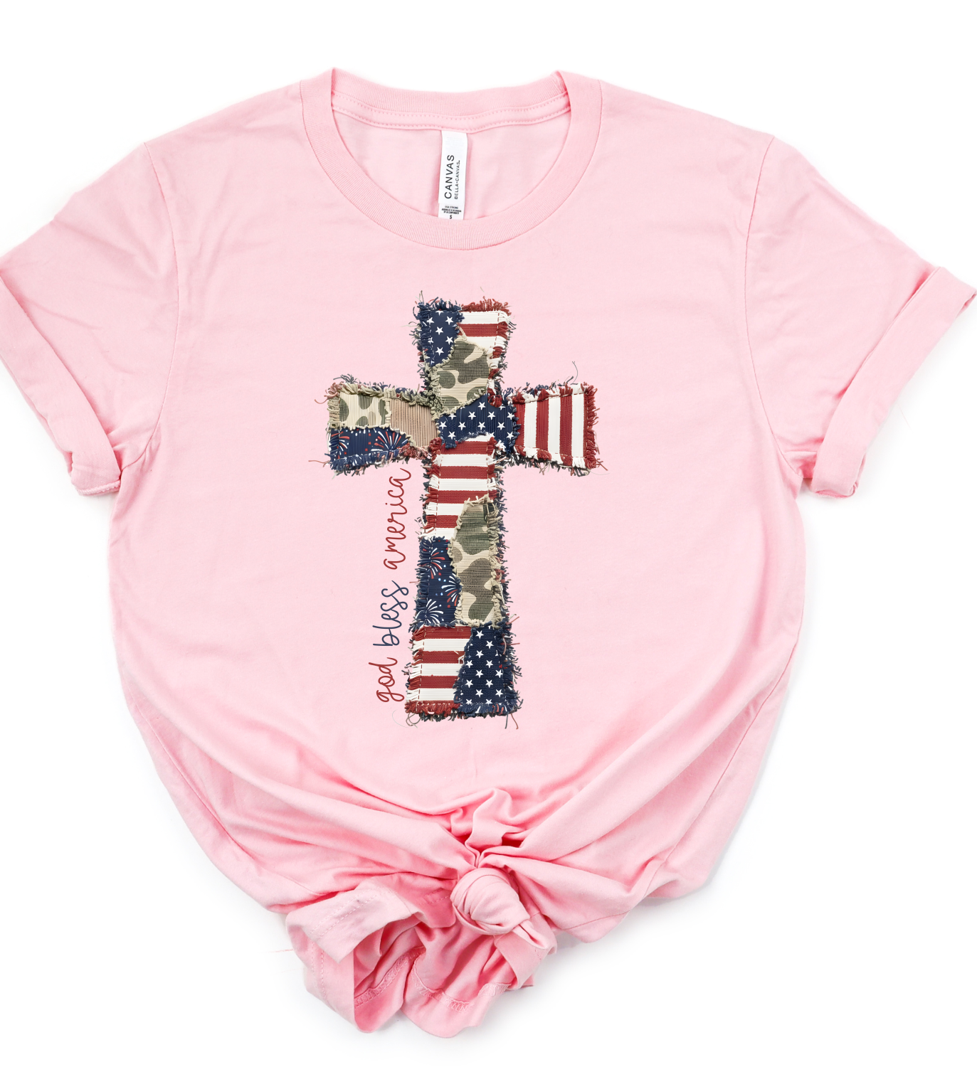 God Bless America Cross Patchwork Bella Canvas Graphic Tee