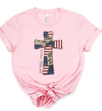 God Bless America Cross Patchwork Bella Canvas Graphic Tee