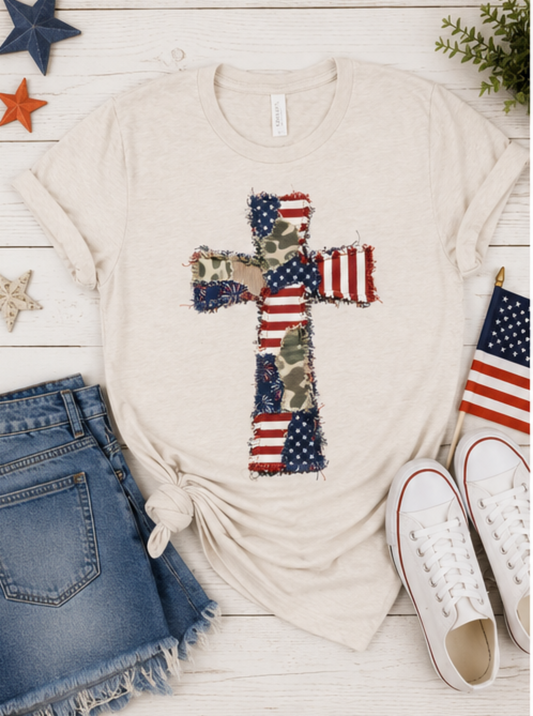 God Bless America Cross Patchwork Bella Canvas Graphic Tee