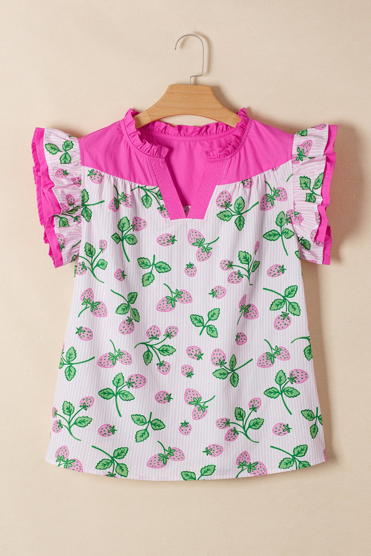Stripe Strawberry Patchwork Flutter Sleeve V-Neck Blouse