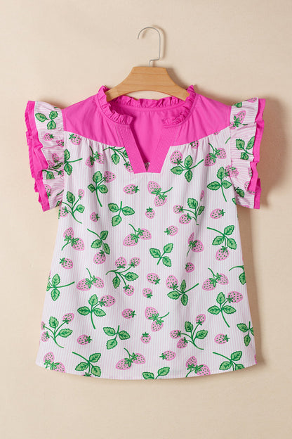 Stripe Strawberry Patchwork Flutter Sleeve V-Neck Blouse