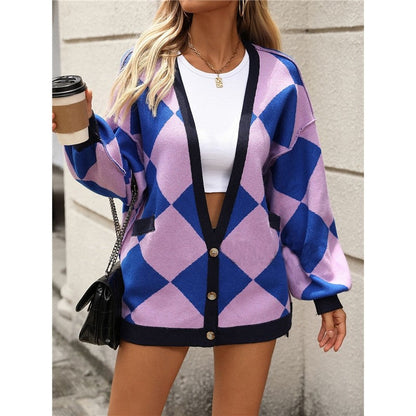 Long Sleeve V-Neck Buttoned Contrast Color Rhombic Knitted Cardigan