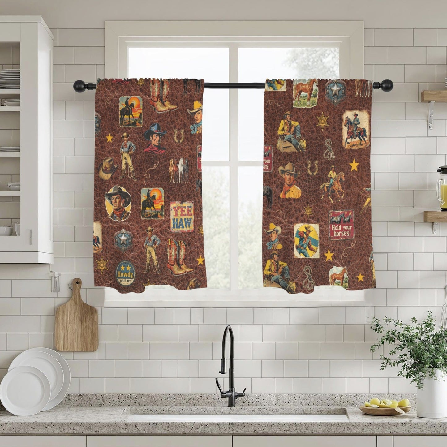 Baha Ranch Vintage Cowboy Collage Western Curtains 28" x 40" Made in America