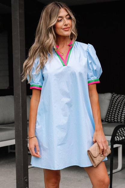 Colorblock Contrast Stripe V-Neck Puff Sleeve Mini
