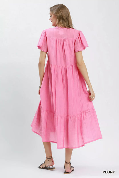 Umgee Textured Tiered Midi Dress with Side Pockets