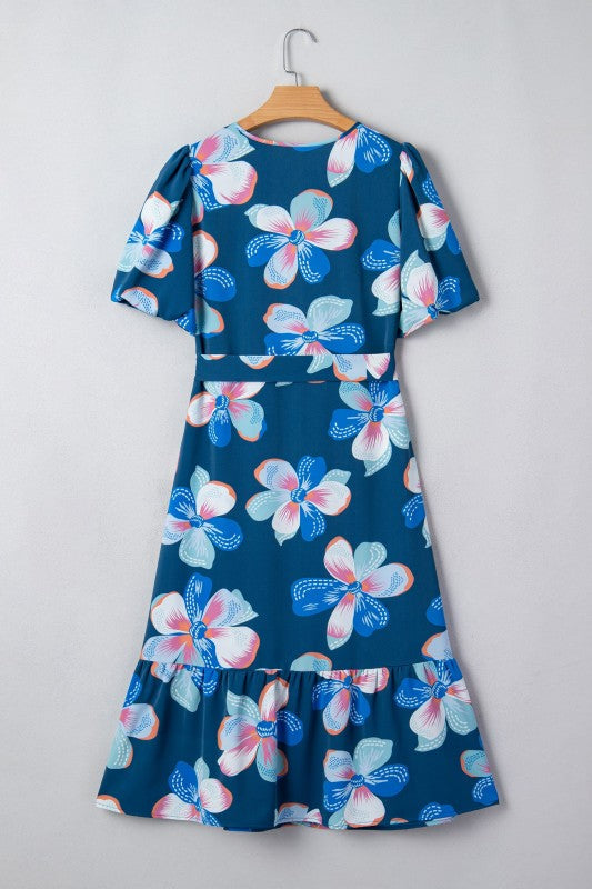 Floral Short Puff Sleeve Ruffle Belted Midi Dress