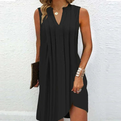 Ladies’ Notch V‑Neck Pleated Petal‑Sleeve Maxi Dress