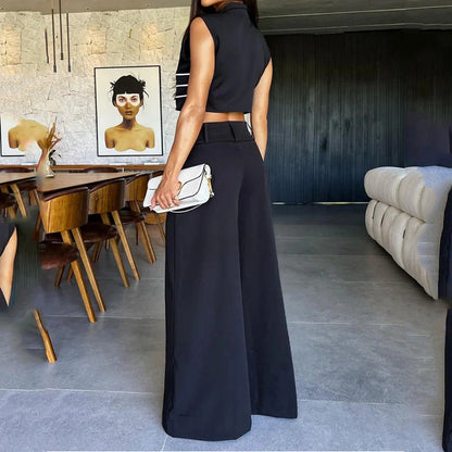 European And American Women's Autumn New Fashion Polo Collar Sleeveless Top Pants Two-piece Suit