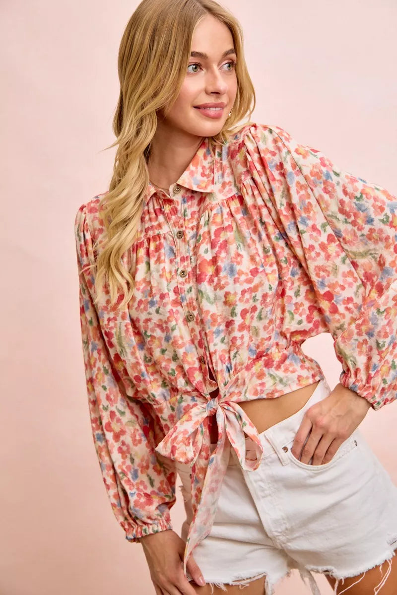 BiBi Floral Print Tie Hem Detail Crop Shirt