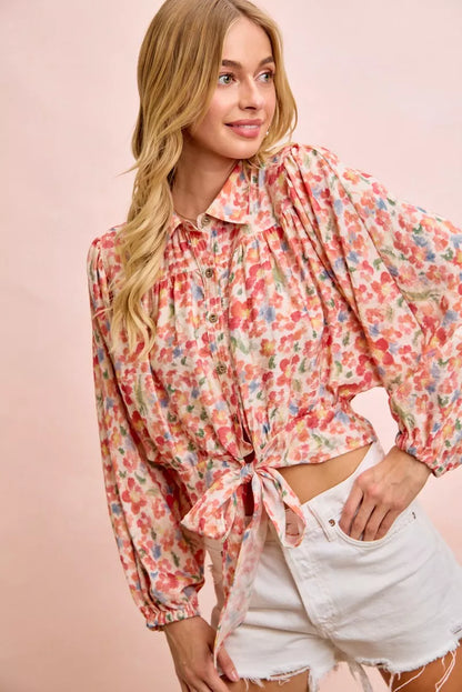 BiBi Floral Print Tie Hem Detail Crop Shirt