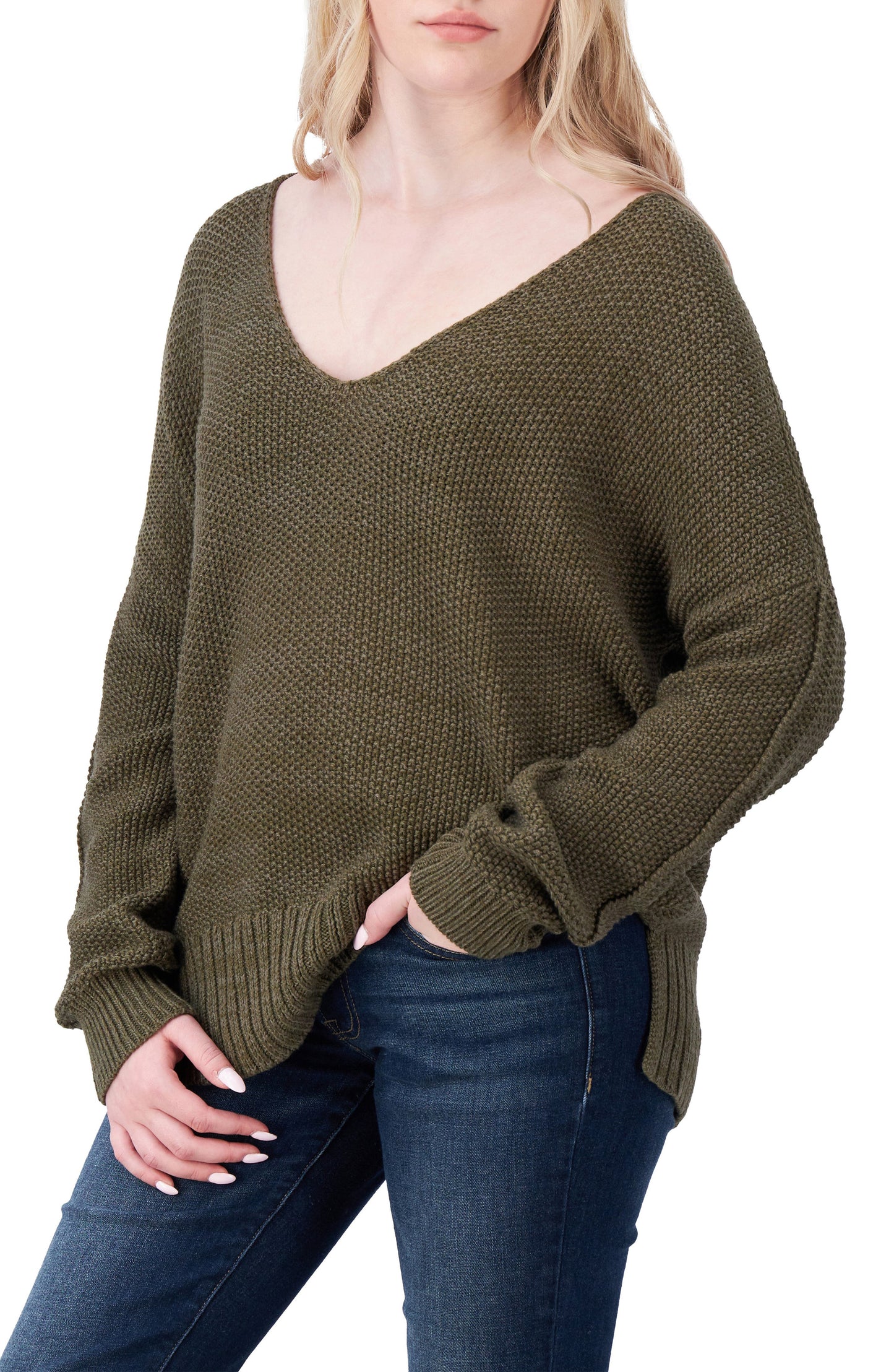 [7WP5056-343] WOMENS LUCKY BRAND SPRING WEIGHT V NECK PULLOVER - OLIVE