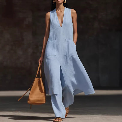 Women's V-Neck Sleeveless Linen Dress Set – Casual Chic