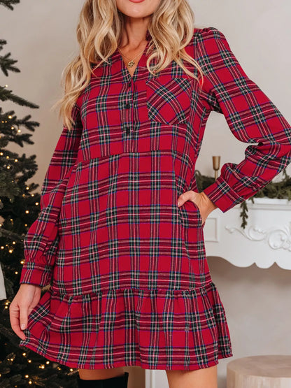 Plaid Shirt Collar Half Button Ruffle Hem Long Sleeve Mini Dress