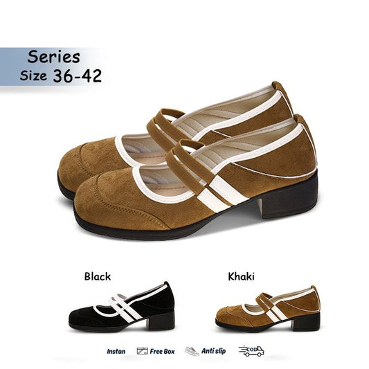 Women's Retro Color-Block Mary Jane Flats – Double-Strap Chunky Heel Peep-Toe Casual Shoes
