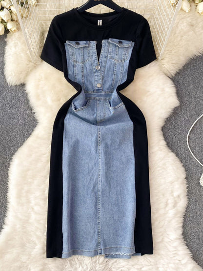 Full Size Denim Patchwork Short Sleeve Slit Back Dress Plus Size