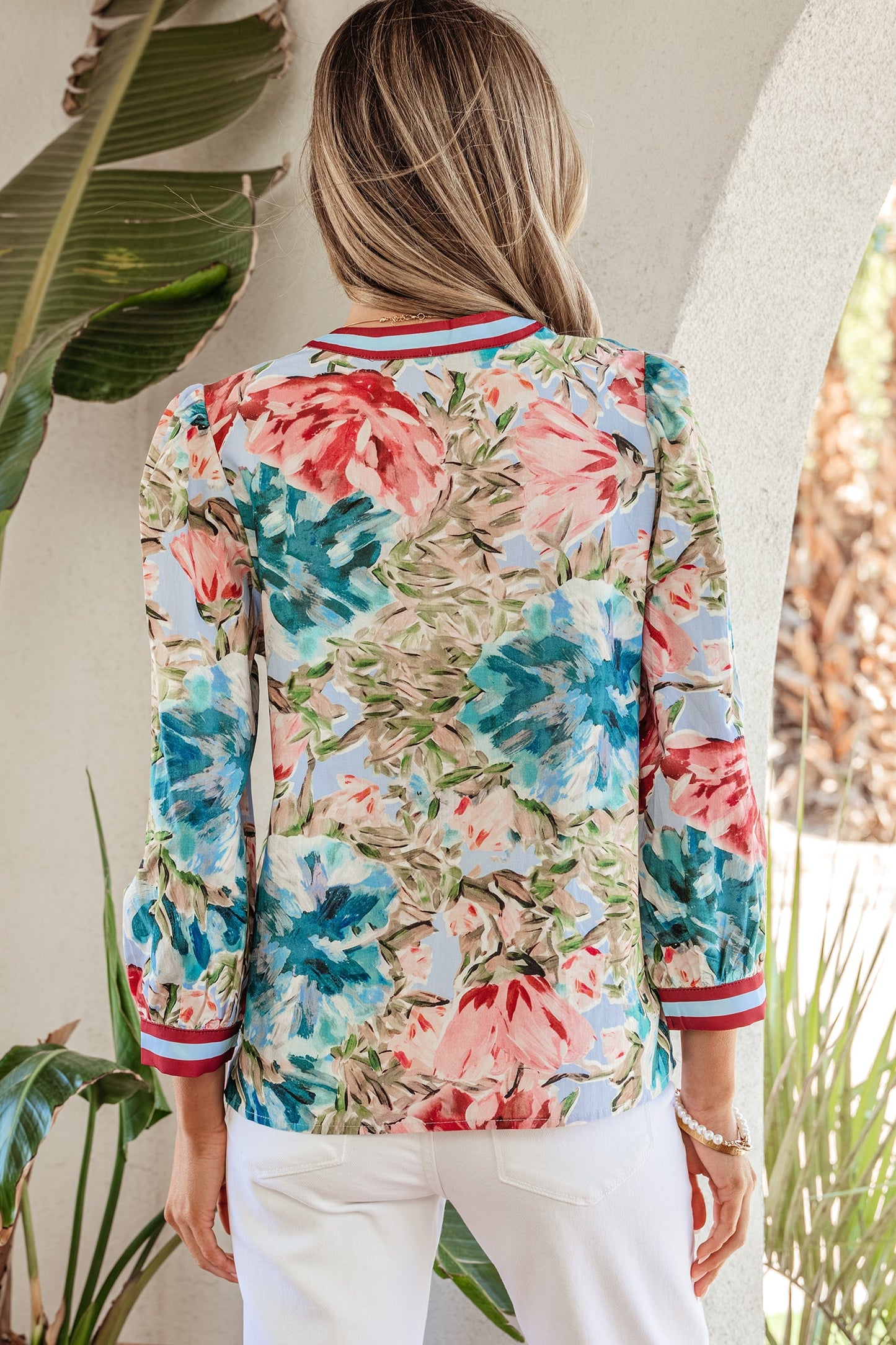 Floral Contrast Trim V-Neck Cuffed 3/4 Sleeve Blouse