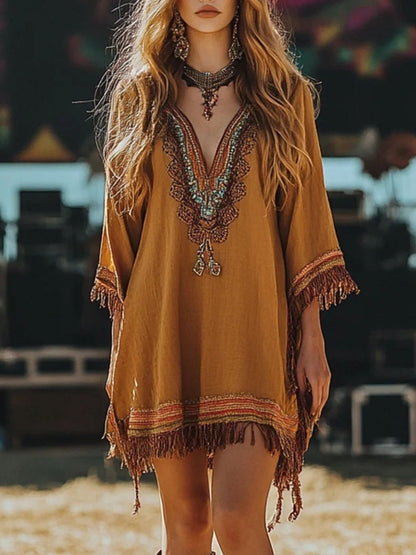 Fringe Hem 3/4 Sleeve Mini Dress