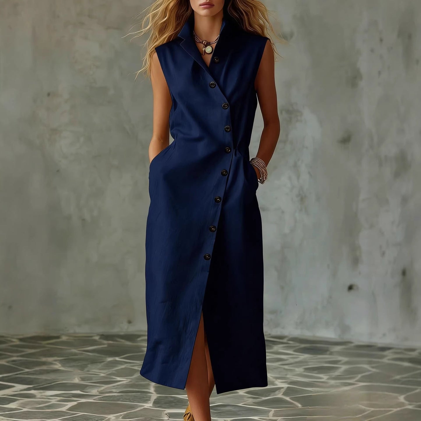 Women's Slim-Fit Sleeveless Stand Collar Pleated Midi Dress