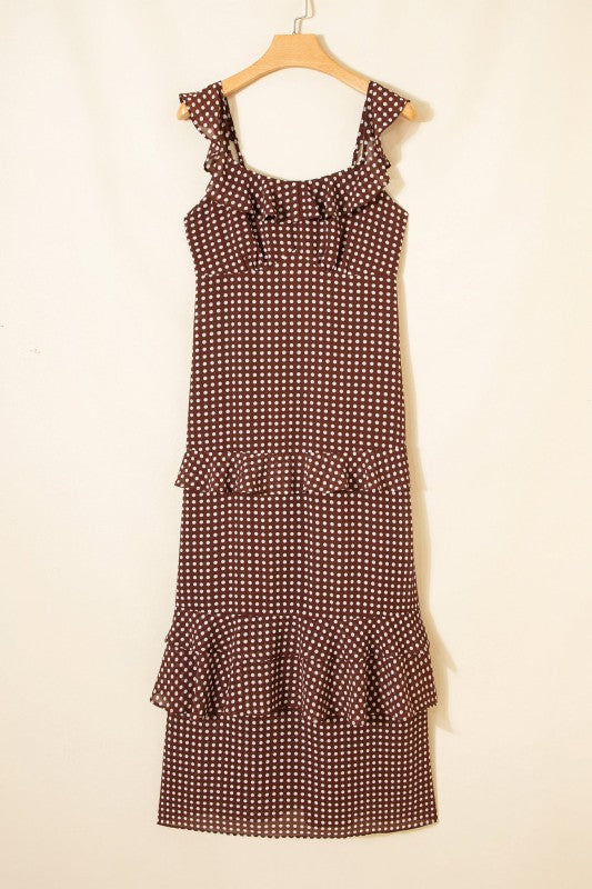 Polka Dot Backless Ruffle Tiered Maxi Dress See size chart under “more details”