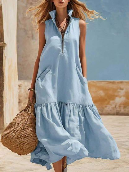 Women's Sleeveless Resort Dress – Loose Fit Zipper Detail