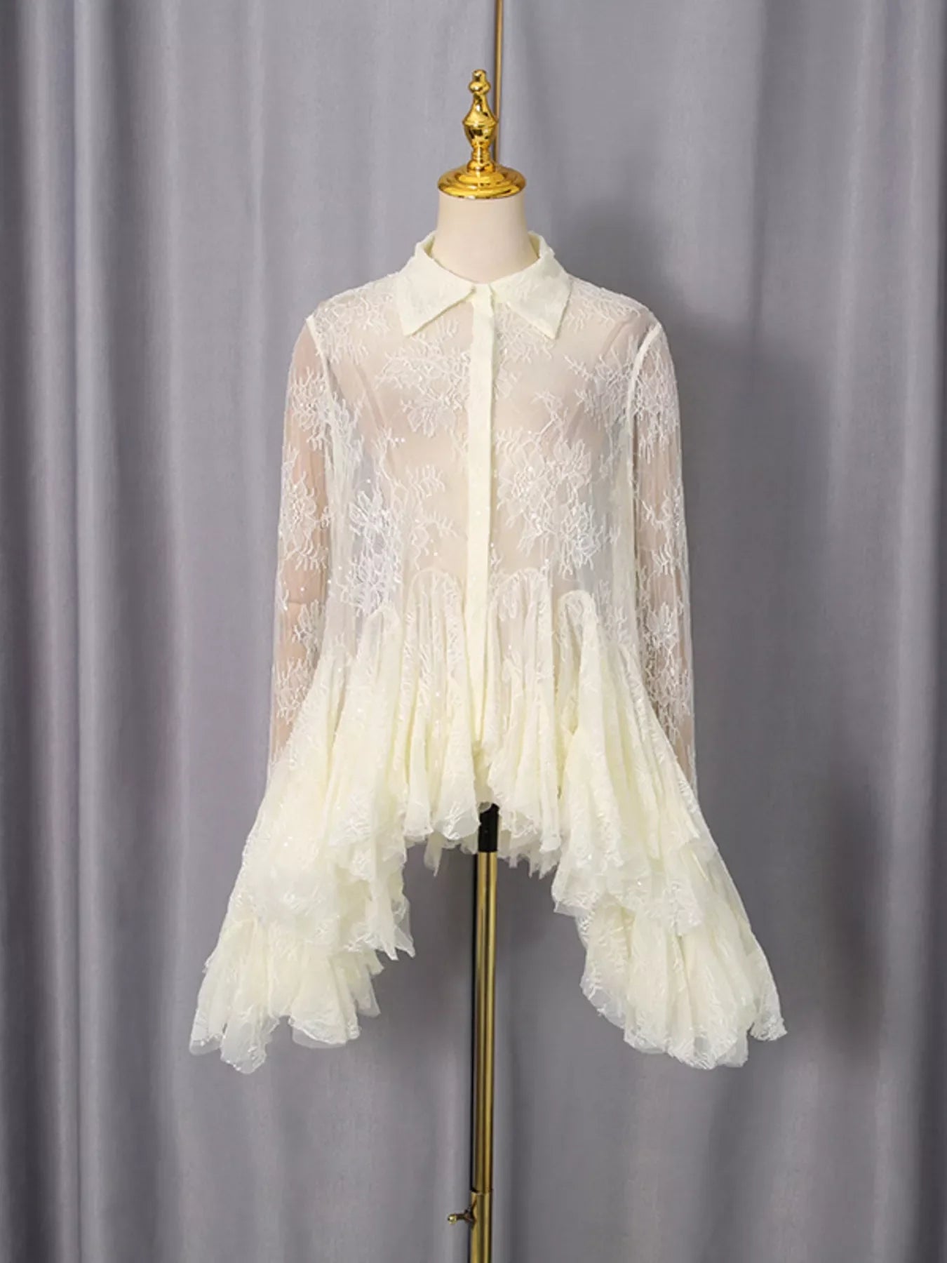 Ruffled Hem Lace Long Sleeve Dress