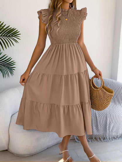 Women's Smocked Ruffle Midi Dress – Casual A-Line Cap Sleeve