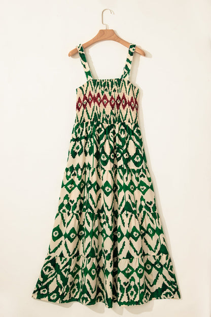 Green Boho Shirred A line Sleeveless Maxi Dress