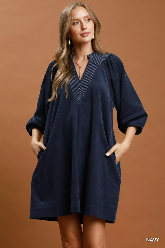 Umgee Corduroy V-Neck Puff Sleeve Shift Dress with Pockets
