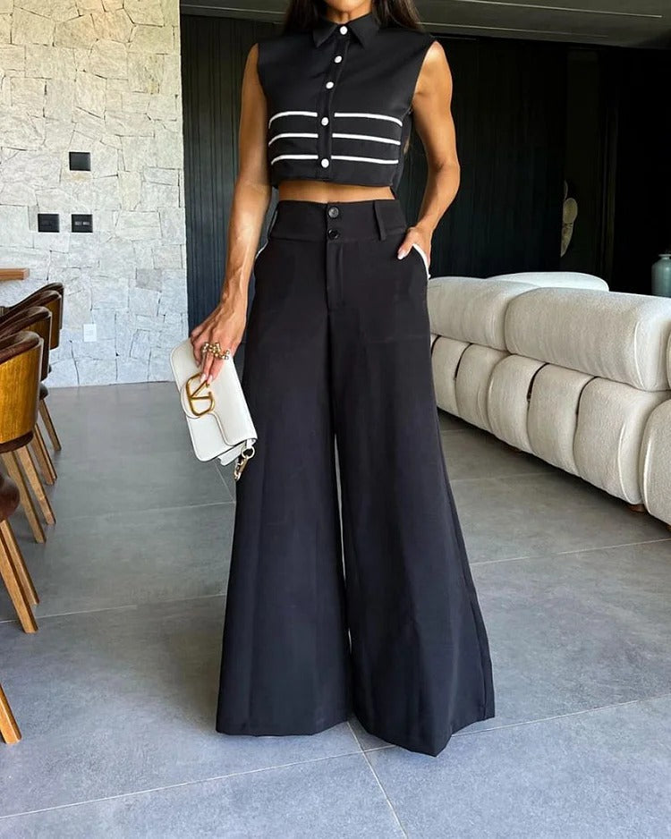 European And American Women's Autumn New Fashion Polo Collar Sleeveless Top Pants Two-piece Suit