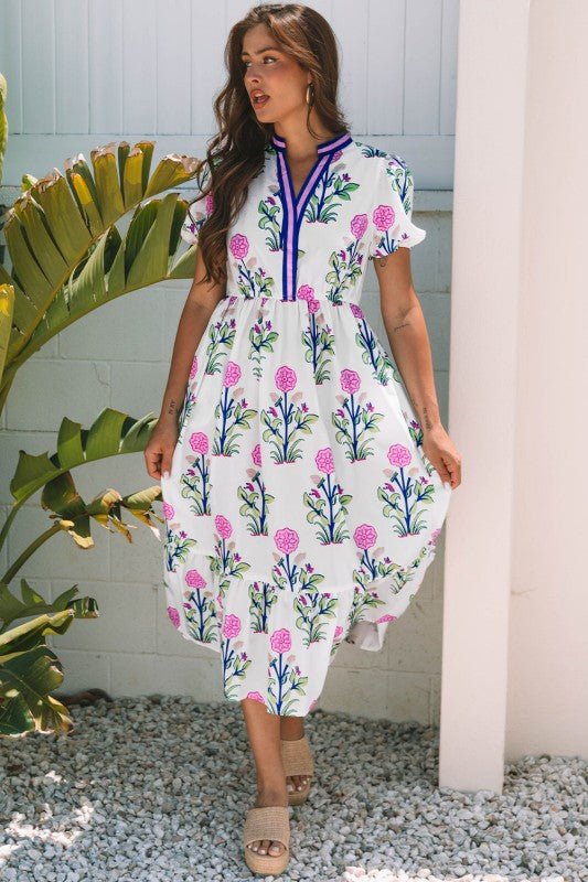 Julietta Floral Puff Short Sleeve V Neck High Waist Dress